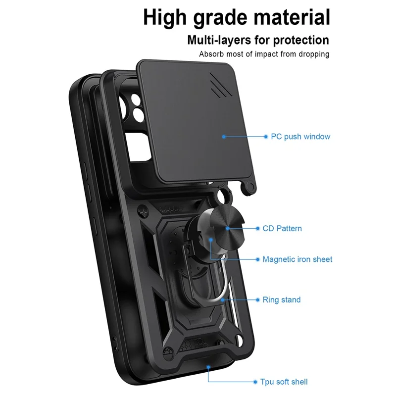 For Nothing Phone (4a) Pro Case with Slide Camera Lid PC + TPU Kickstand Phone Cover - Black