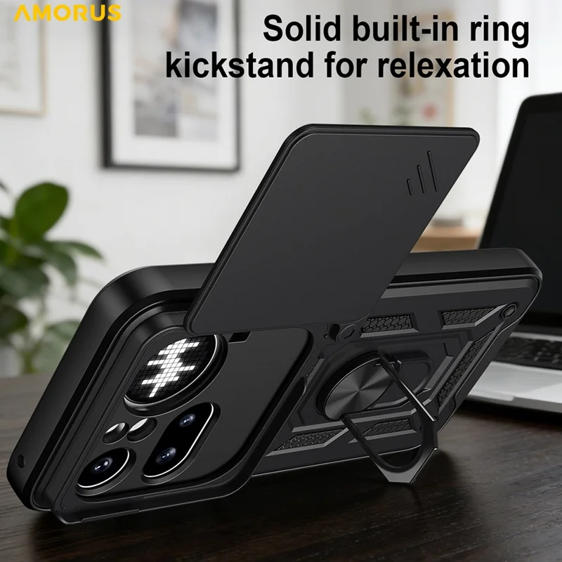 AMORUS For Nothing Phone (4a) Pro Case Kickstand PC + TPU Phone Cover with Camera Lens Slider - Black