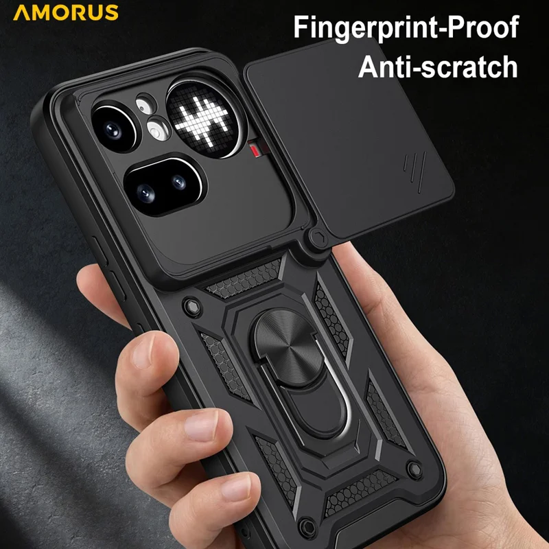 AMORUS For Nothing Phone (4a) Pro Case Kickstand PC + TPU Phone Cover with Camera Lens Slider - Black