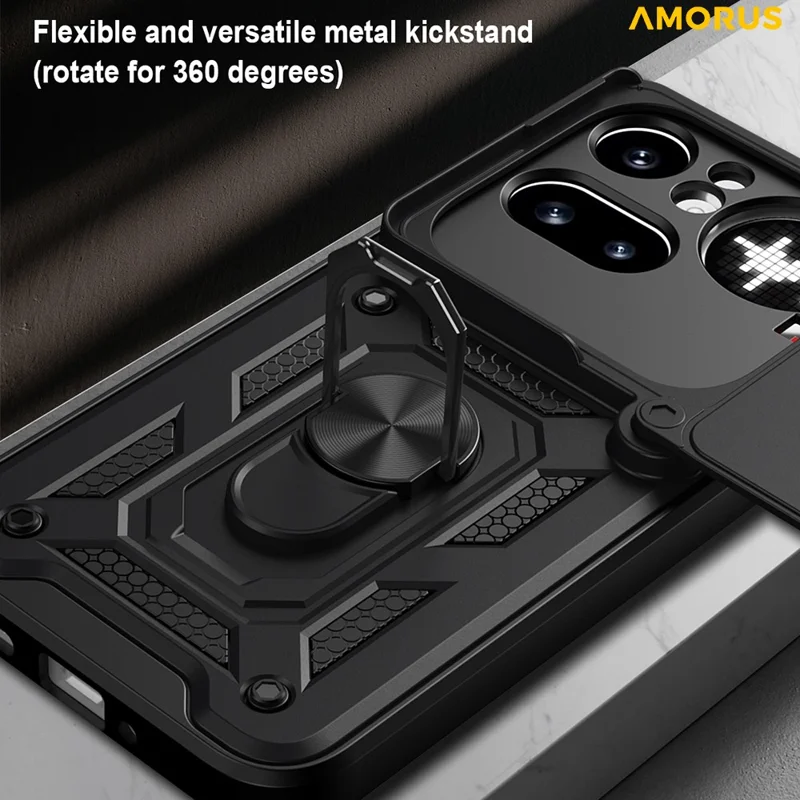 AMORUS For Nothing Phone (4a) Pro Case Kickstand PC + TPU Phone Cover with Camera Lens Slider - Black