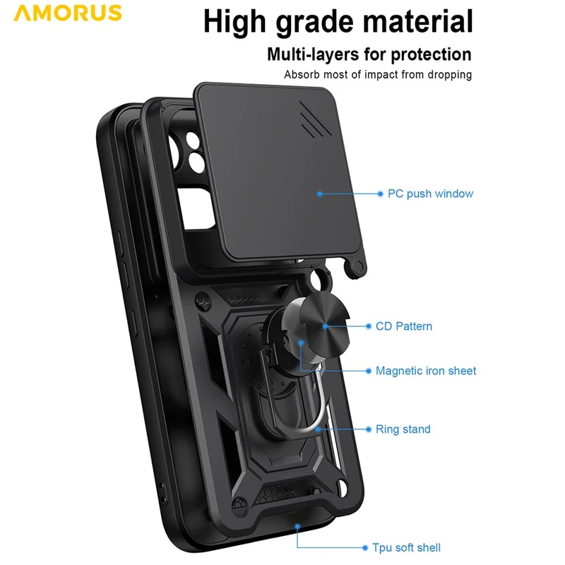 AMORUS For Nothing Phone (4a) Pro Case Kickstand PC + TPU Phone Cover with Camera Lens Slider - Black