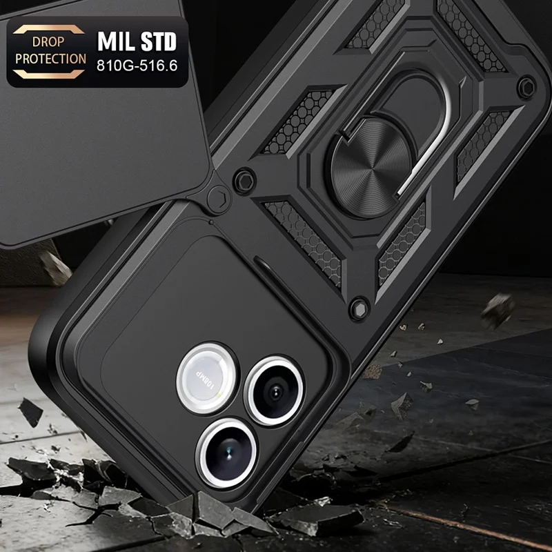 For Honor 600 Lite 5G Case with Slide Camera Lid PC + TPU Kickstand Phone Cover - Black