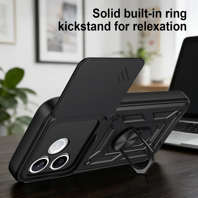 For Honor 600 Lite 5G Case with Slide Camera Lid PC + TPU Kickstand Phone Cover - Black