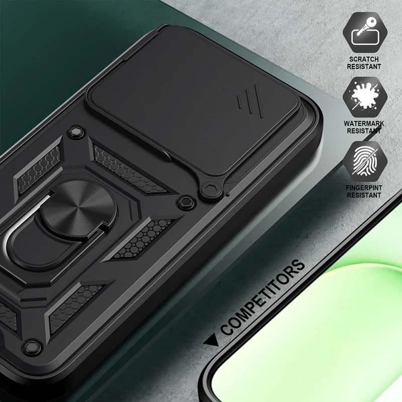 For Honor 600 Lite 5G Case with Slide Camera Lid PC + TPU Kickstand Phone Cover - Black