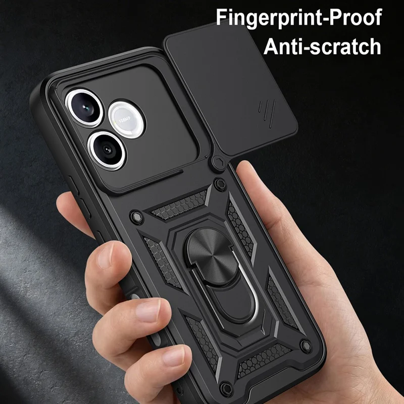 For Honor 600 Lite 5G Case with Slide Camera Lid PC + TPU Kickstand Phone Cover - Black