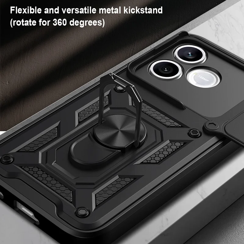 For Honor 600 Lite 5G Case with Slide Camera Lid PC + TPU Kickstand Phone Cover - Black