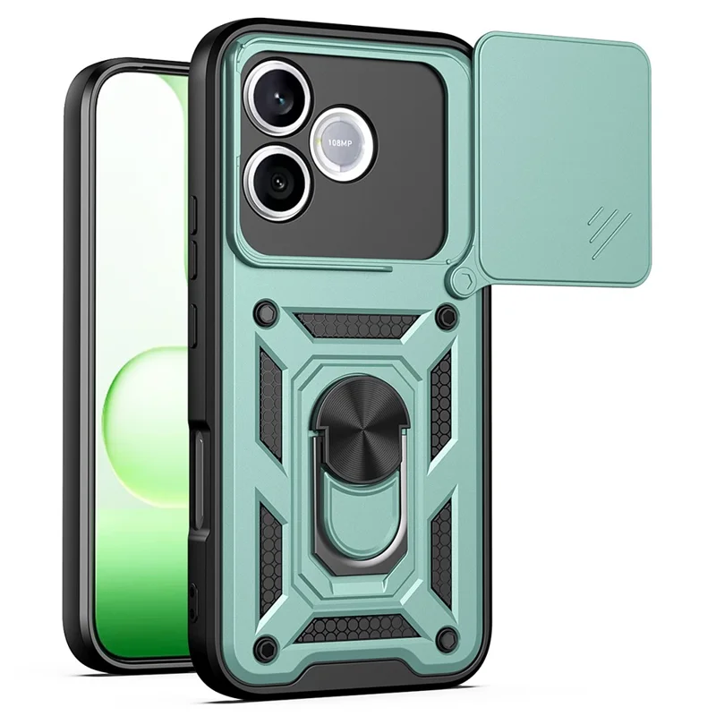 For Honor 600 Lite 5G Case with Slide Camera Lid PC + TPU Kickstand Phone Cover - Green