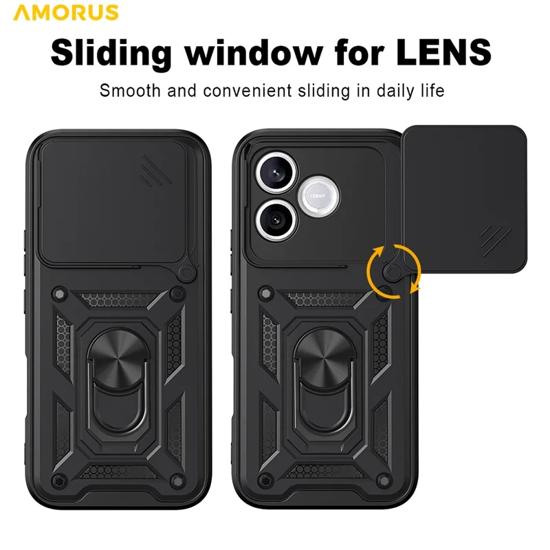 AMORUS For Honor 600 Lite 5G Case Kickstand PC + TPU Phone Cover with Camera Lens Slider - Black