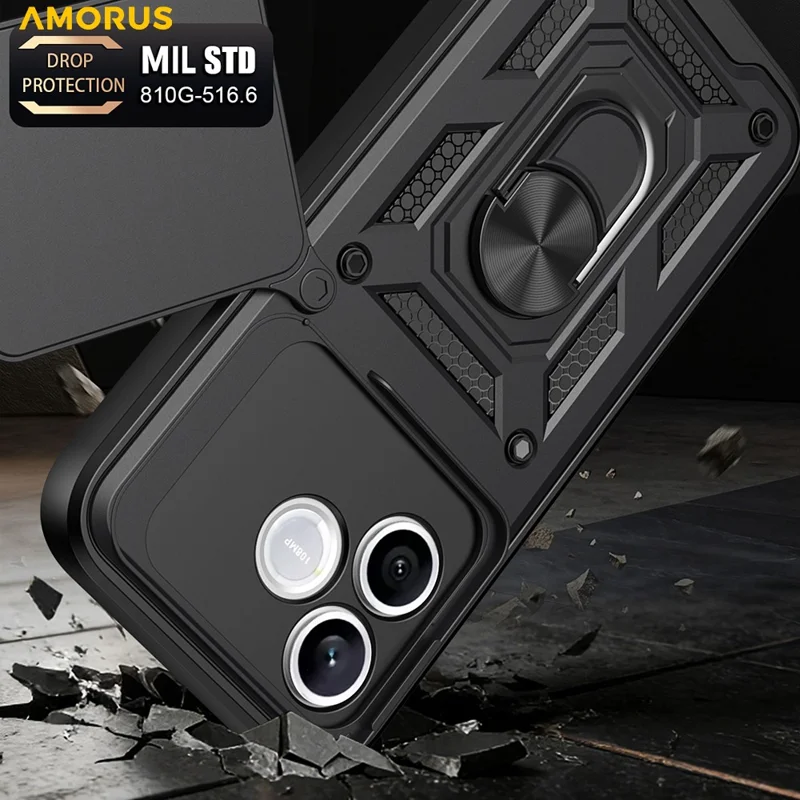 AMORUS For Honor 600 Lite 5G Case Kickstand PC + TPU Phone Cover with Camera Lens Slider - Black