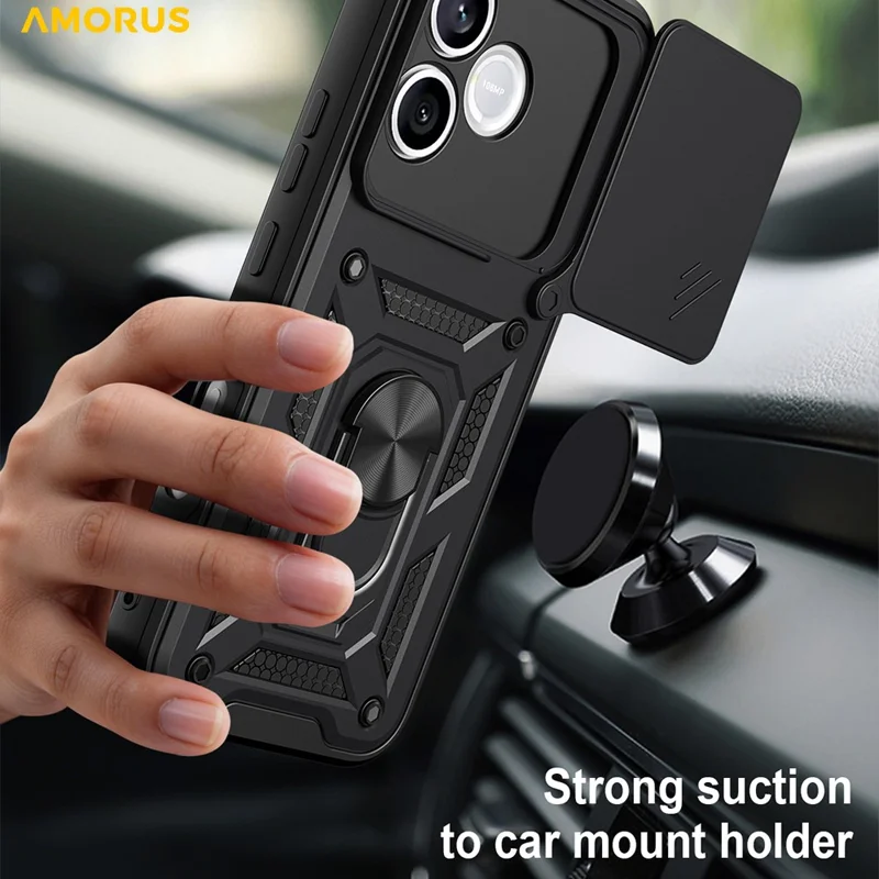 AMORUS For Honor 600 Lite 5G Case Kickstand PC + TPU Phone Cover with Camera Lens Slider - Black