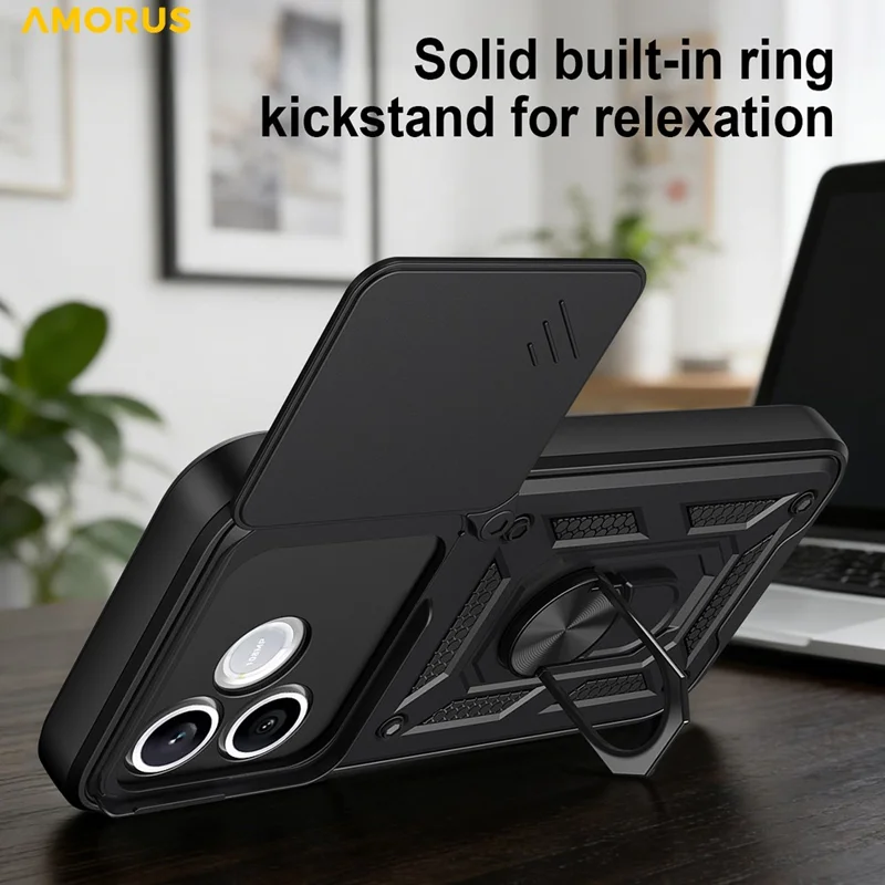 AMORUS For Honor 600 Lite 5G Case Kickstand PC + TPU Phone Cover with Camera Lens Slider - Black