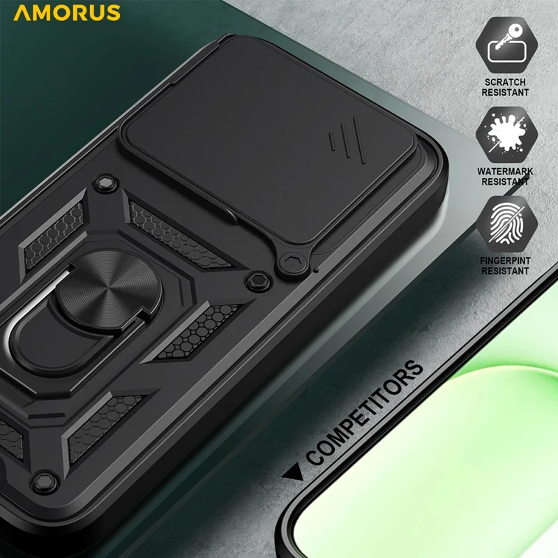 AMORUS For Honor 600 Lite 5G Case Kickstand PC + TPU Phone Cover with Camera Lens Slider - Black