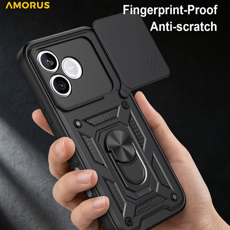 AMORUS For Honor 600 Lite 5G Case Kickstand PC + TPU Phone Cover with Camera Lens Slider - Black