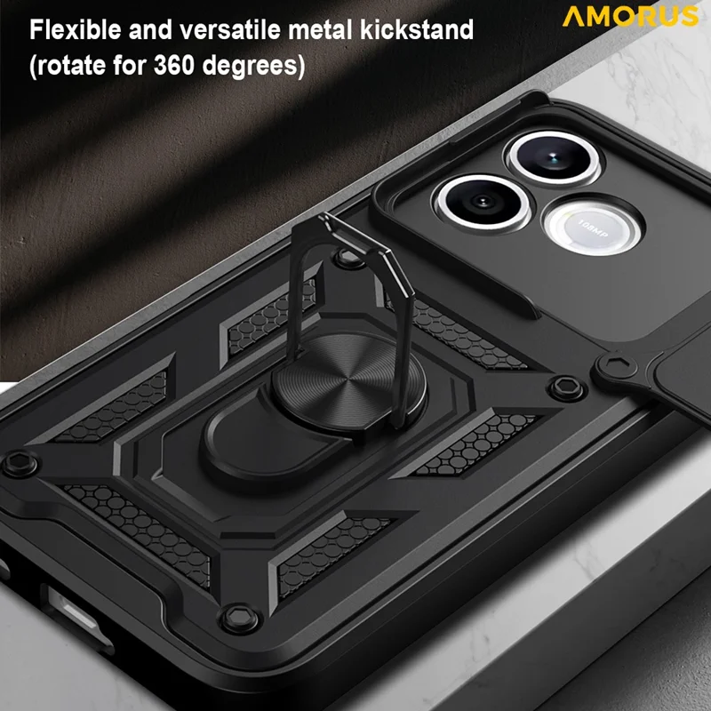 AMORUS For Honor 600 Lite 5G Case Kickstand PC + TPU Phone Cover with Camera Lens Slider - Black