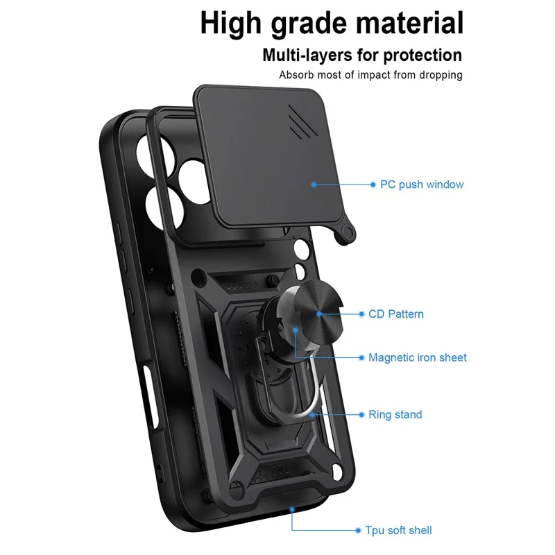 AMORUS For Honor 600 Lite 5G Case Kickstand PC + TPU Phone Cover with Camera Lens Slider - Black