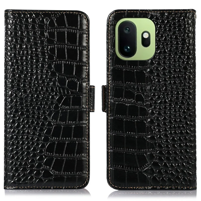 For OnePlus 15T 5G Case RFID Blocking Wallet Crocodile Texture Genuine Cow Leather Phone Cover - Black