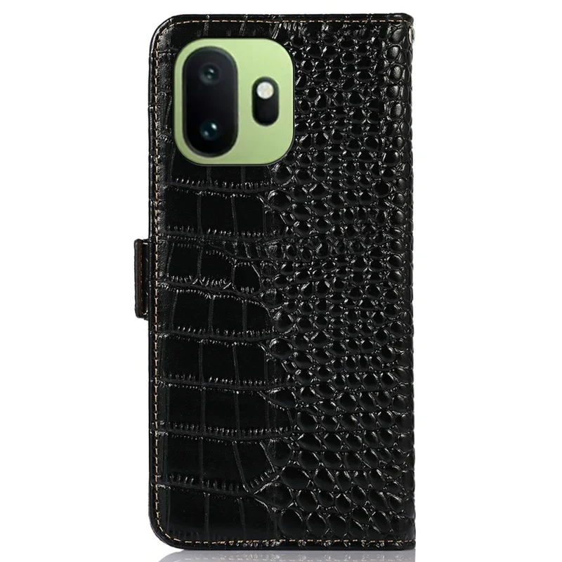 For OnePlus 15T 5G Case RFID Blocking Wallet Crocodile Texture Genuine Cow Leather Phone Cover - Black