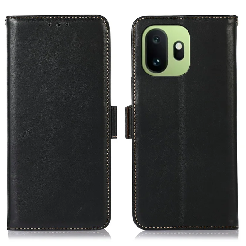 For OnePlus 15T 5G Case RFID Blocking Genuine Cow Leather Wallet Phone Cover - Black