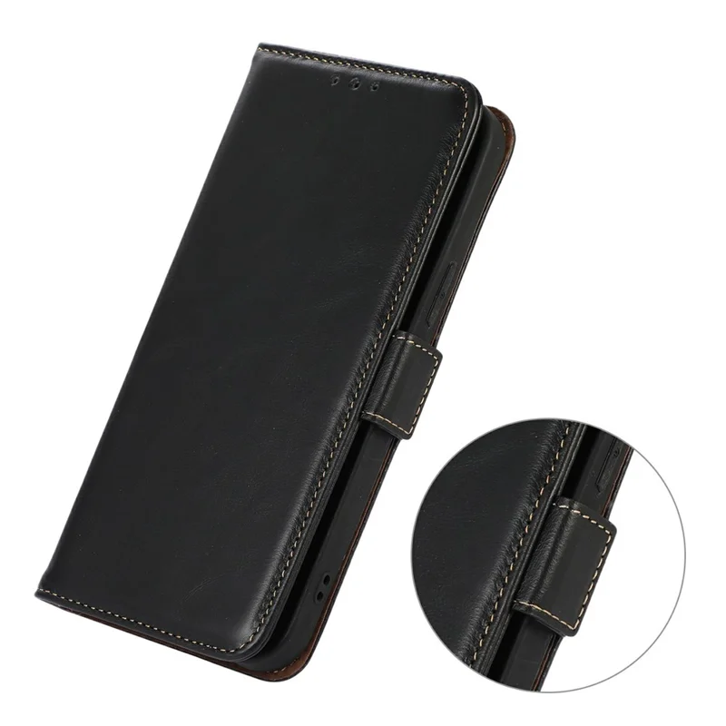 For OnePlus 15T 5G Case RFID Blocking Genuine Cow Leather Wallet Phone Cover - Black