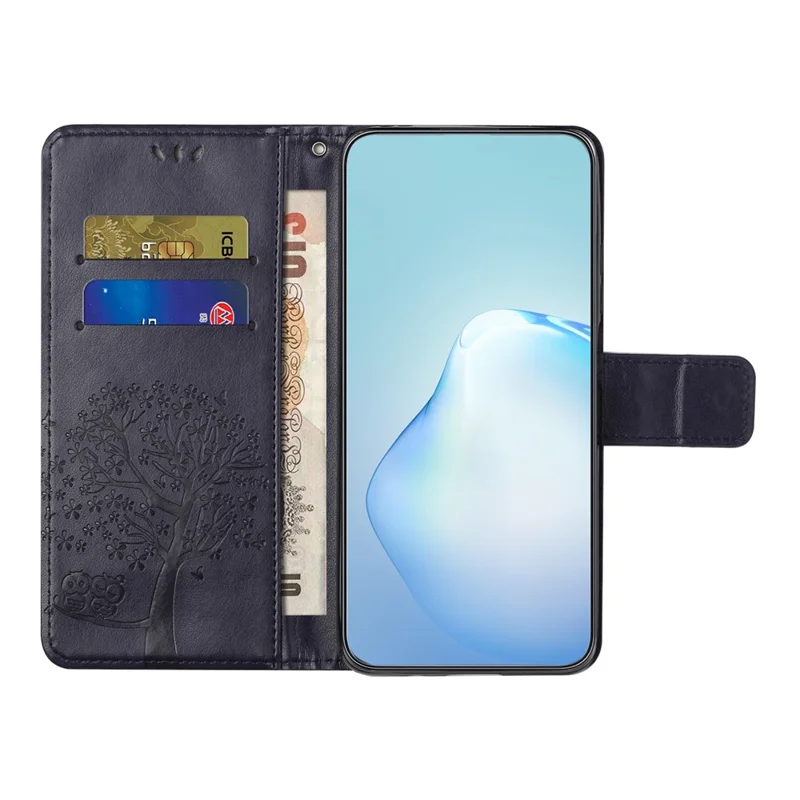 For Samsung Galaxy A27 Case PU Leather Owl Tree Imprinted Wallet Phone Cover with Strap - Dark Blue