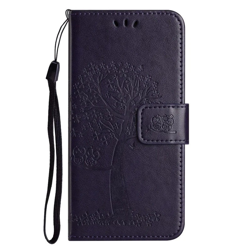For Samsung Galaxy A27 Case PU Leather Owl Tree Imprinted Wallet Phone Cover with Strap - Dark Blue