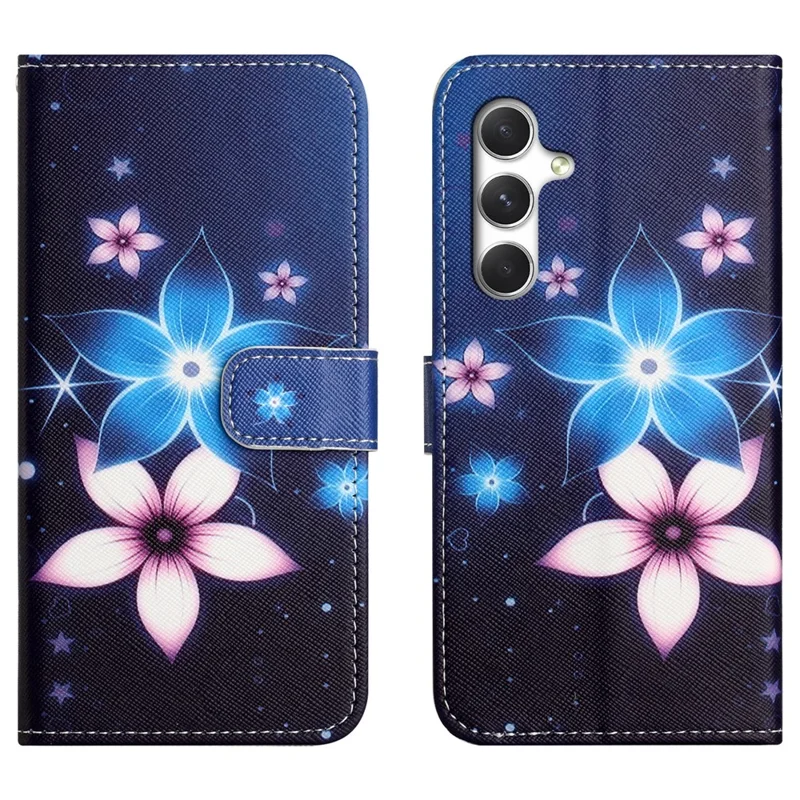 For Samsung Galaxy A27 Case Pattern Print PU Leather Wallet Phone Cover Cross Texture - Blue Flower