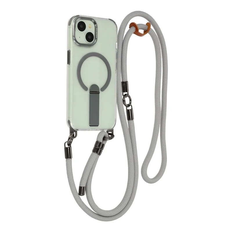 For iPhone 15 Magnetic Case with Kickstand and 3-in-1 8mm 220cm Length Strap PC TPU Phone Cover - Grey