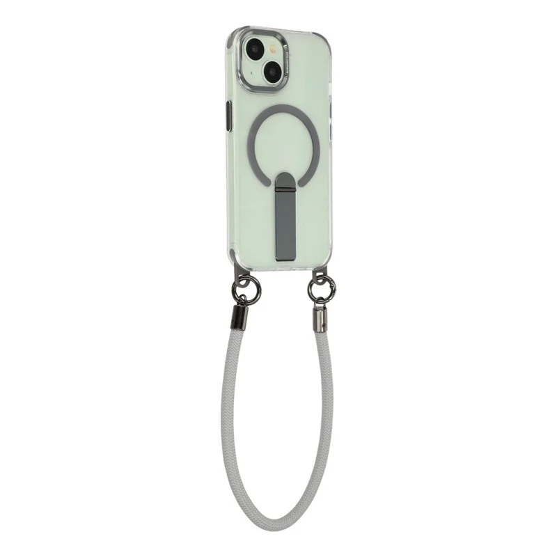 For iPhone 15 Magnetic Case with Kickstand and 3-in-1 8mm 220cm Length Strap PC TPU Phone Cover - Grey