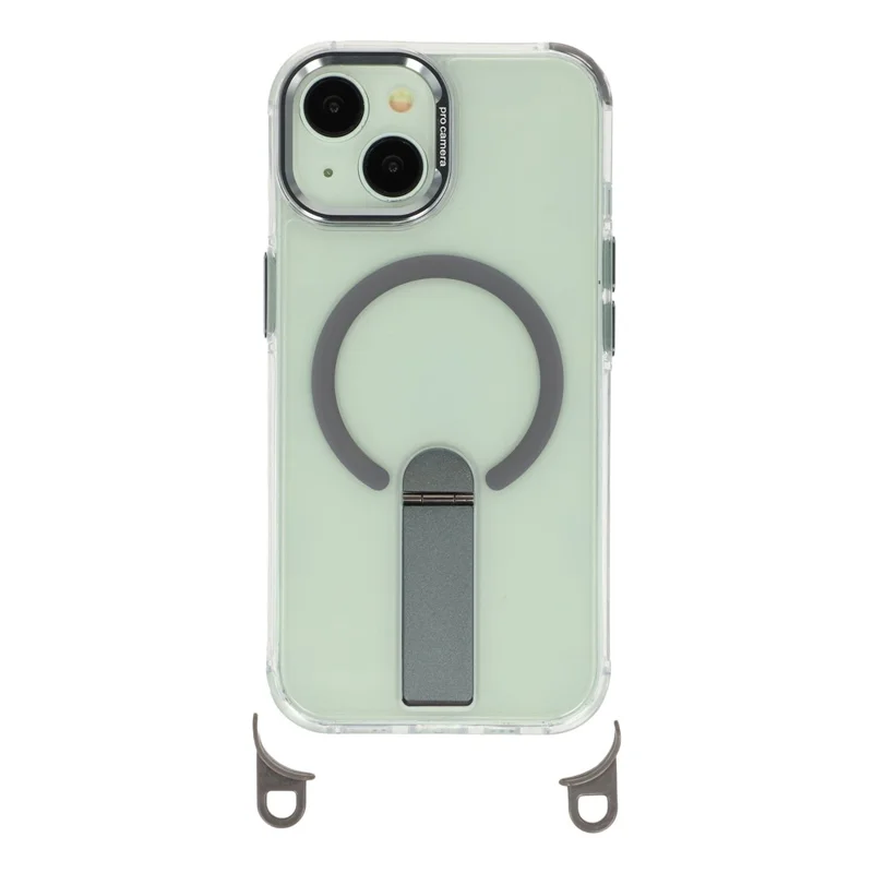 For iPhone 15 Magnetic Case with Kickstand and 3-in-1 8mm 220cm Length Strap PC TPU Phone Cover - Grey