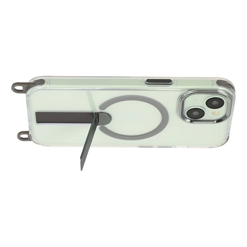For iPhone 15 Magnetic Case with Kickstand and 3-in-1 8mm 220cm Length Strap PC TPU Phone Cover - Grey