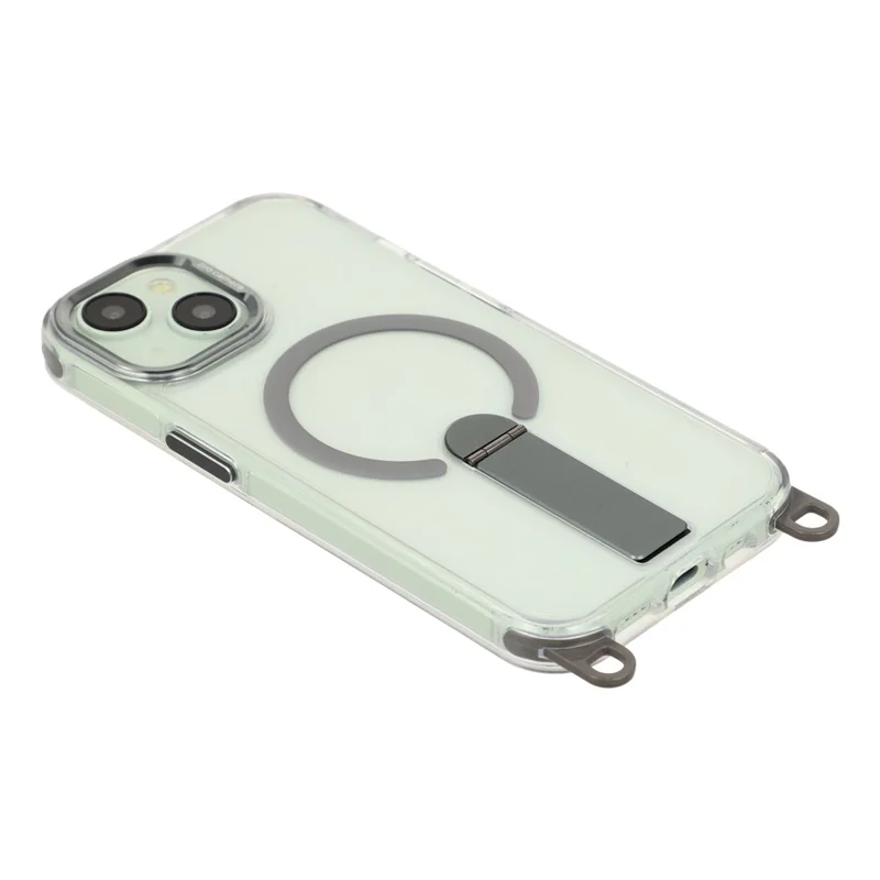 For iPhone 15 Magnetic Case with Kickstand and 3-in-1 8mm 220cm Length Strap PC TPU Phone Cover - Grey