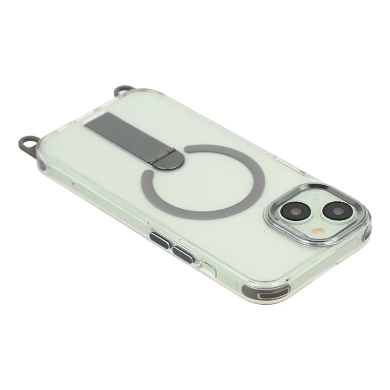 For iPhone 15 Magnetic Case with Kickstand and 3-in-1 8mm 220cm Length Strap PC TPU Phone Cover - Grey