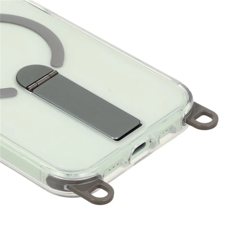 For iPhone 15 Magnetic Case with Kickstand and 3-in-1 8mm 220cm Length Strap PC TPU Phone Cover - Grey