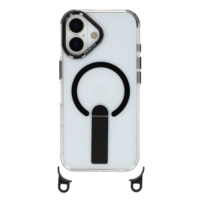 For iPhone 17 Magnetic Case Kickstand PC TPU Phone Cover with 30cm Short Strap / 120cm Long Strap - Black