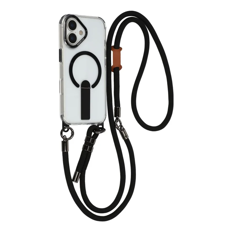 For iPhone 16 Magnetic Case Kickstand PC TPU Phone Cover with 30cm Short Strap / 120cm Long Strap - Black