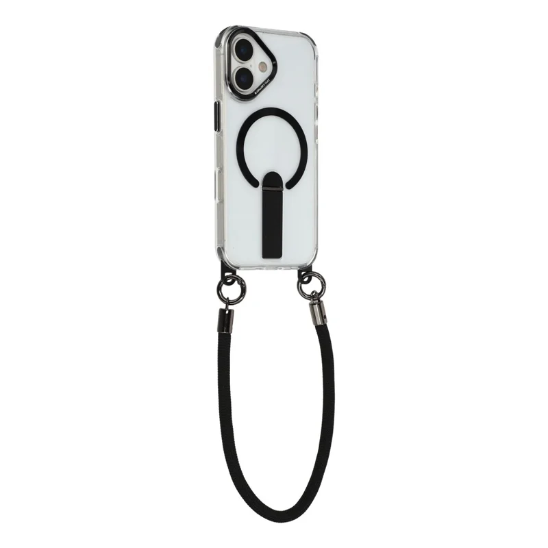 For iPhone 16 Magnetic Case Kickstand PC TPU Phone Cover with 30cm Short Strap / 120cm Long Strap - Black