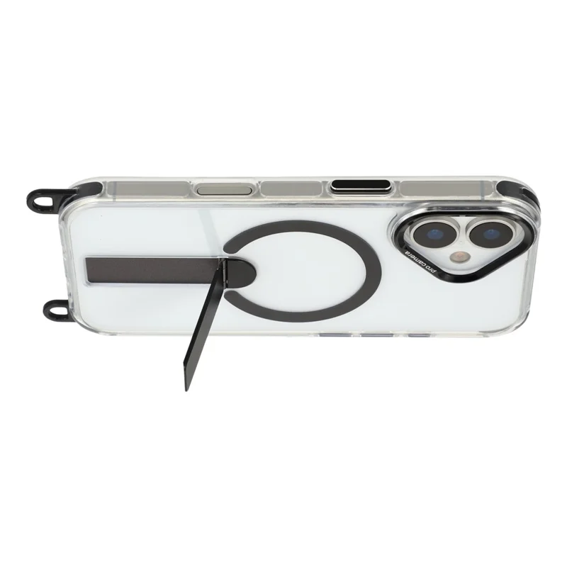 For iPhone 16 Magnetic Case Kickstand PC TPU Phone Cover with 30cm Short Strap / 120cm Long Strap - Black