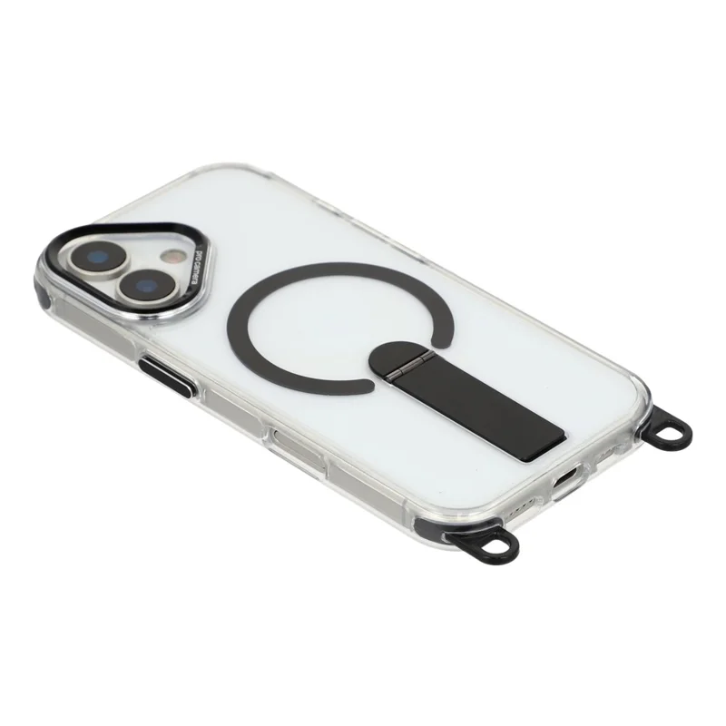 For iPhone 16 Magnetic Case Kickstand PC TPU Phone Cover with 30cm Short Strap / 120cm Long Strap - Black