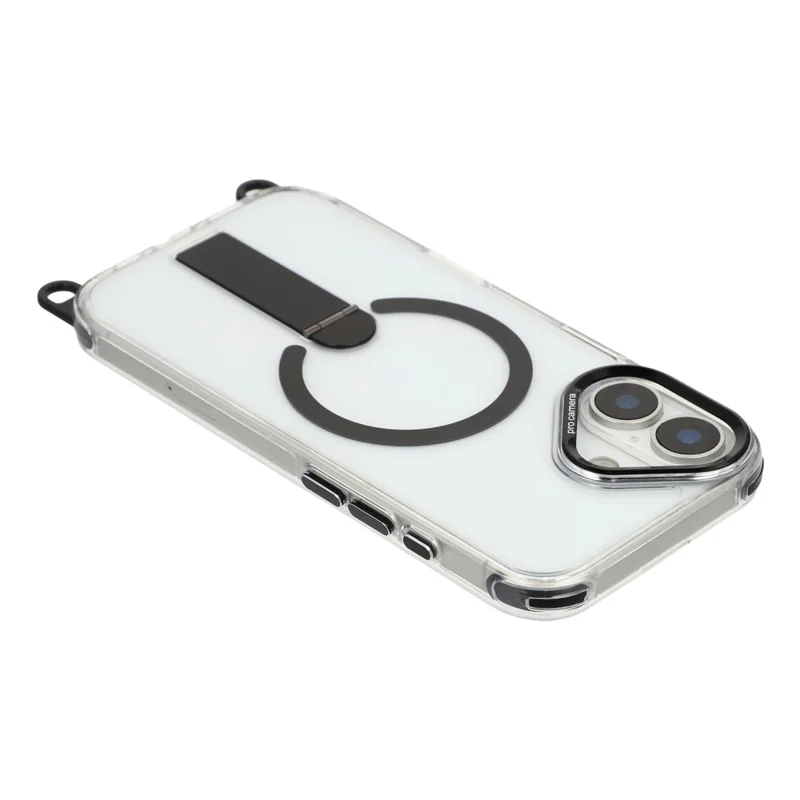 For iPhone 16 Magnetic Case Kickstand PC TPU Phone Cover with 30cm Short Strap / 120cm Long Strap - Black