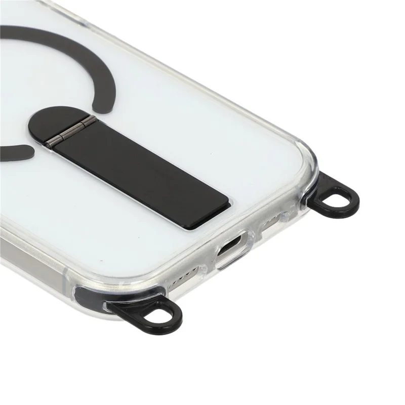 For iPhone 16 Magnetic Case Kickstand PC TPU Phone Cover with 30cm Short Strap / 120cm Long Strap - Black