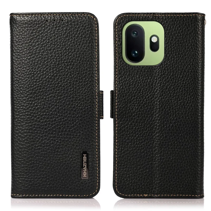 KHAZNEH per custodia per OnePlus 15T 5G in vera pelle di mucca con texture effetto litchi, protezione RFID - Nero
