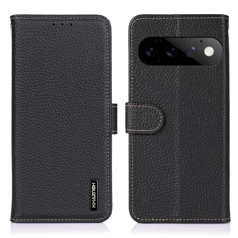 KHAZNEH für Google Pixel 11 / Pixel 11 Pro Geldbörsehülle mit Lederprägung in Litschioptik aus echtem Rindsleder, Klapphülle - Schwarz