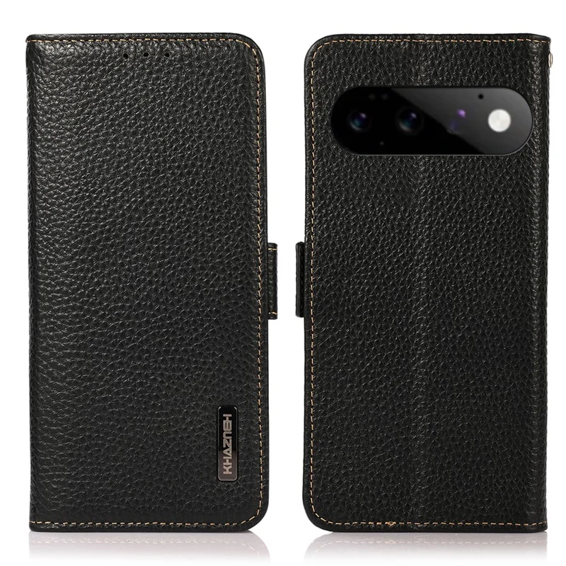 KHAZNEH für Google Pixel 11 / Pixel 11 Pro Handyhülle Leder-Optik echtes Rindsleder mit Litschi-Struktur RFID-Schutz – Schwarz