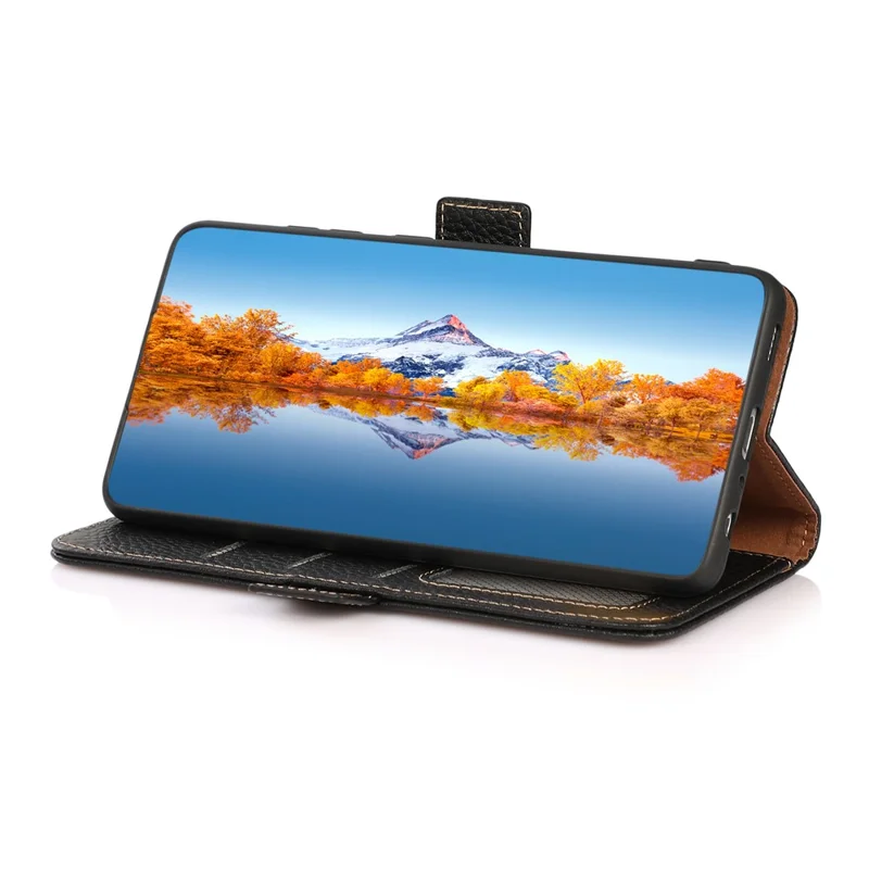 KHAZNEH für Google Pixel 11 / Pixel 11 Pro Handyhülle Leder-Optik echtes Rindsleder mit Litschi-Struktur RFID-Schutz – Schwarz