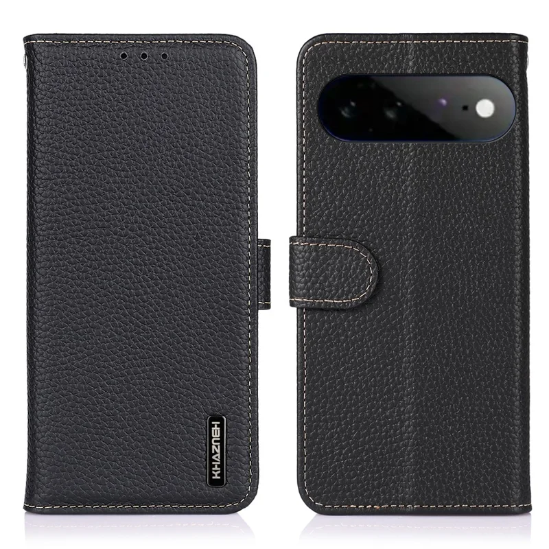 KHAZNEH For Google Pixel 11 Pro XL Wallet Case Litchi Texture Genuine Cow Leather Flip Phone Cover - Black