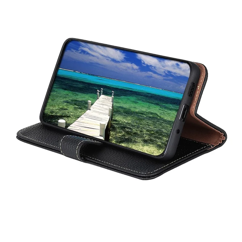 KHAZNEH For Google Pixel 11 Pro XL Wallet Case Litchi Texture Genuine Cow Leather Flip Phone Cover - Black