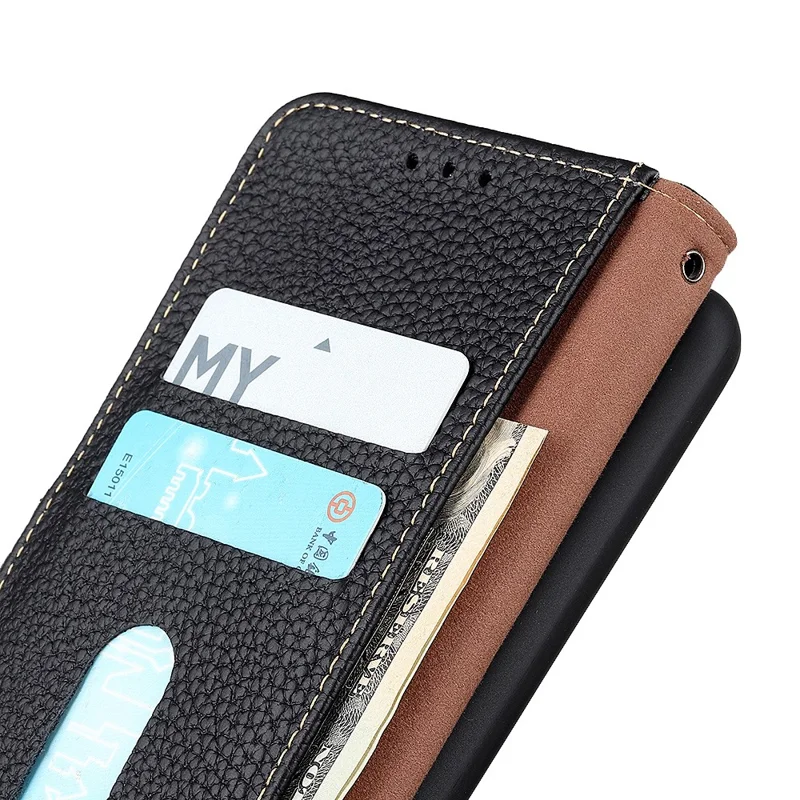 KHAZNEH For Google Pixel 11 Pro XL Wallet Case Litchi Texture Genuine Cow Leather Flip Phone Cover - Black
