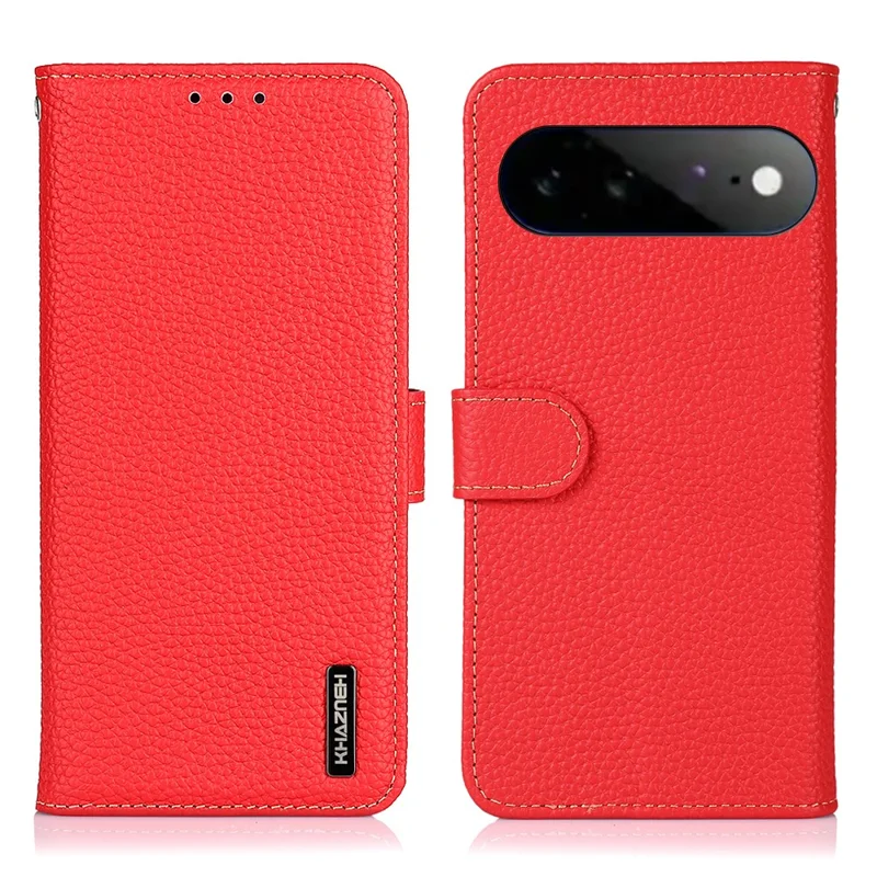 KHAZNEH For Google Pixel 11 Pro XL Wallet Case Litchi Texture Genuine Cow Leather Flip Phone Cover - Red