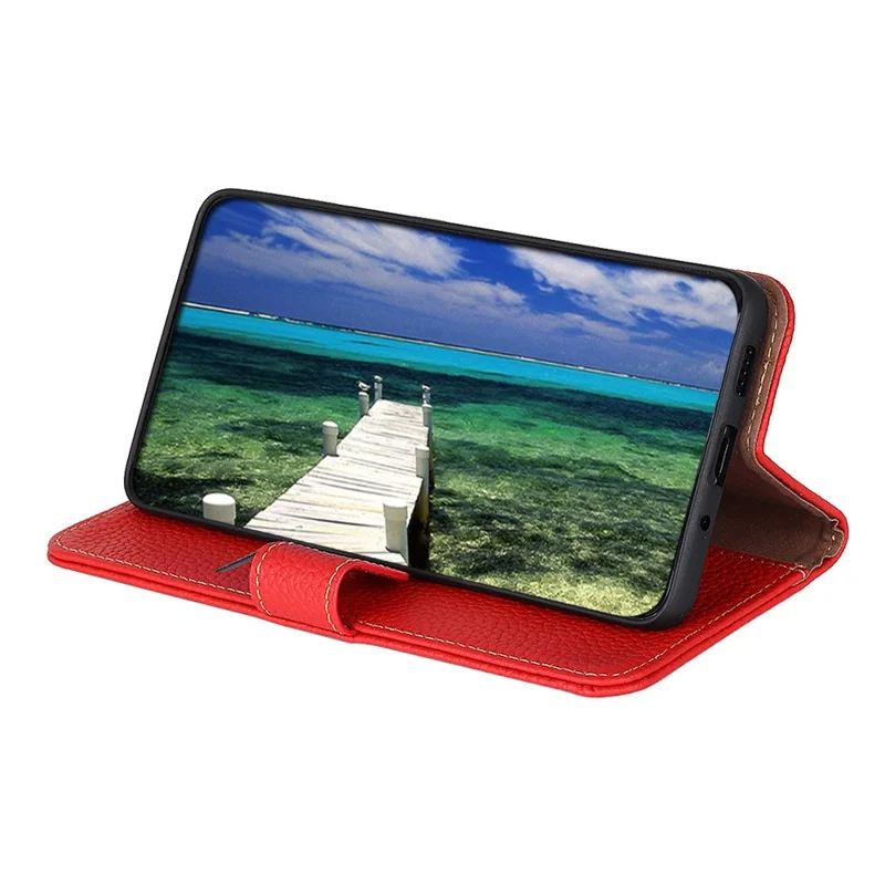 KHAZNEH For Google Pixel 11 Pro XL Wallet Case Litchi Texture Genuine Cow Leather Flip Phone Cover - Red