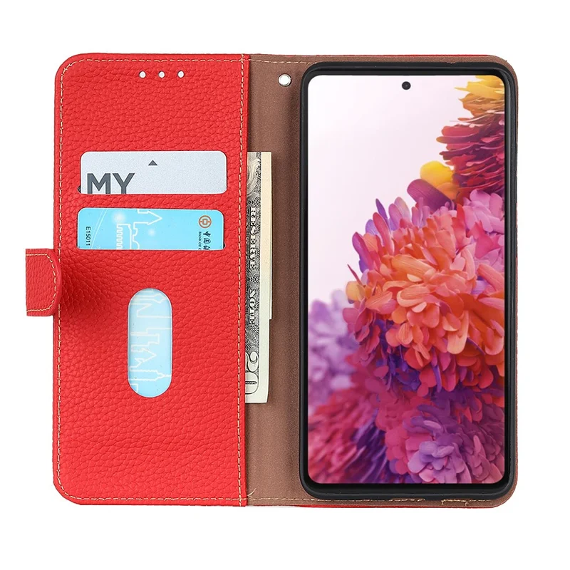 KHAZNEH For Google Pixel 11 Pro XL Wallet Case Litchi Texture Genuine Cow Leather Flip Phone Cover - Red